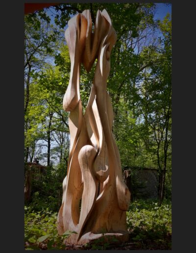 Boomkunst Abstract Beeld in essen hout van Art of Carving in essen hout hoogte 2.3 meter