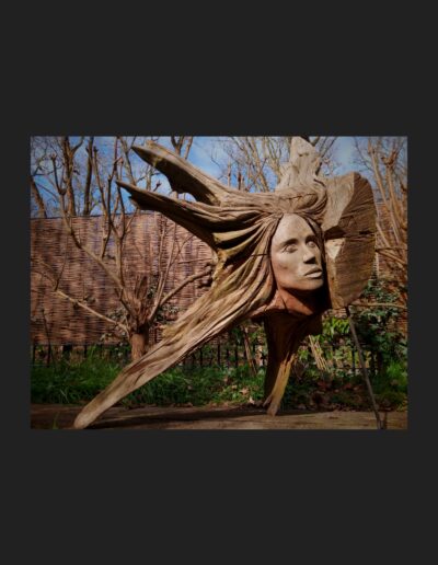Hout sculptuur van een sterk vrouwengezicht een Rainforest spirit uitgevoerd in meranti ingezet in een wortel van eik