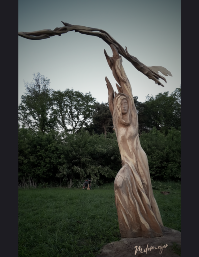 Mythisch sculptuur boom beeld van vrouw met windveer in acacia hout H 2.30m